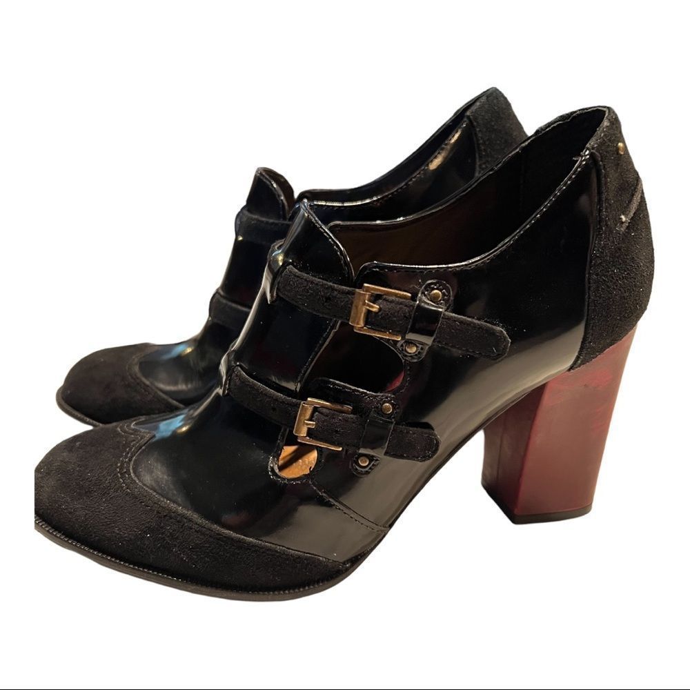 Pilcro and the Letterpress black suede with red heels